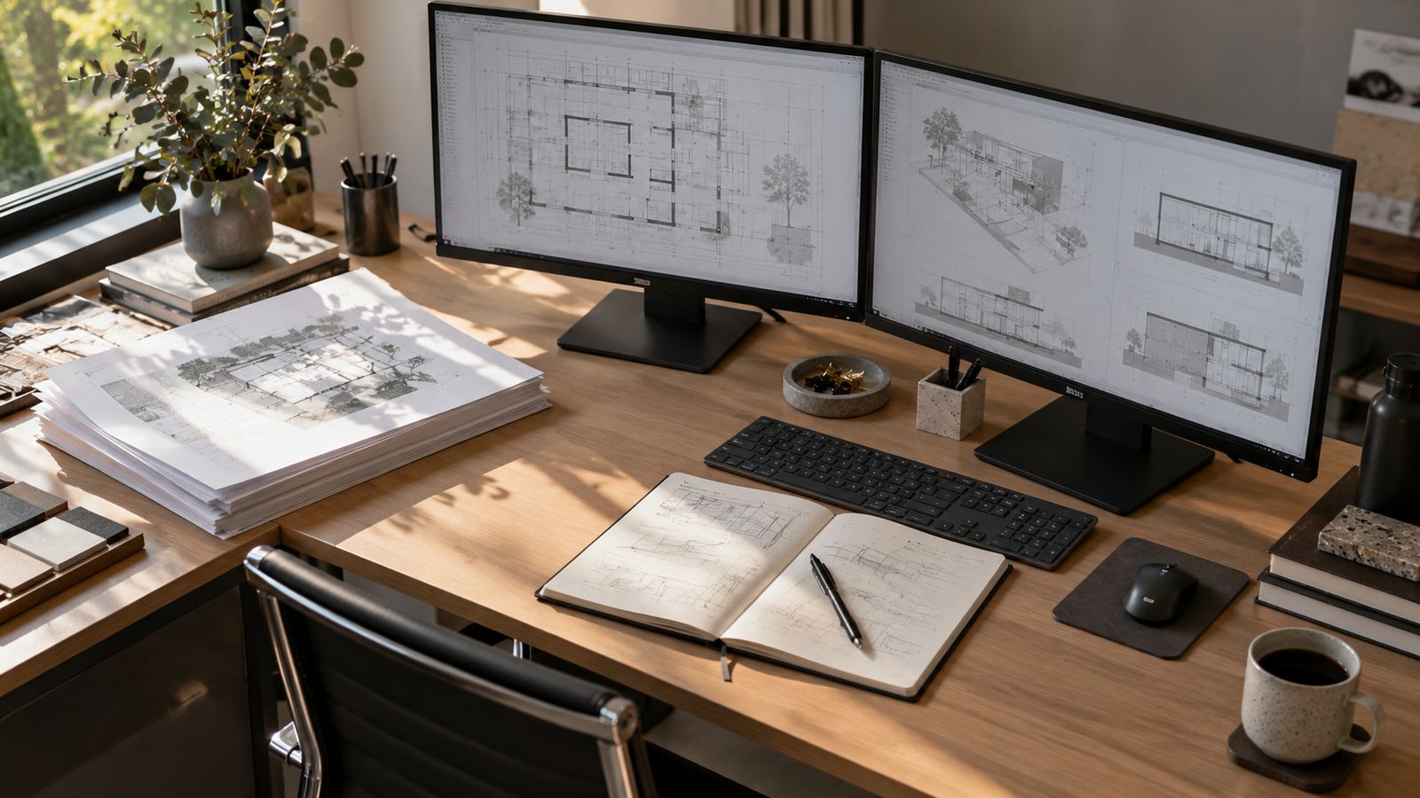 Mesa de escritório de arquitetura com dois monitores exibindo desenhos técnicos