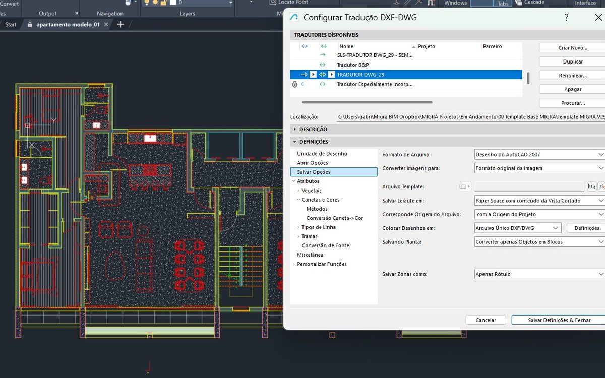 Configuração do tradutor DWG no Archicad