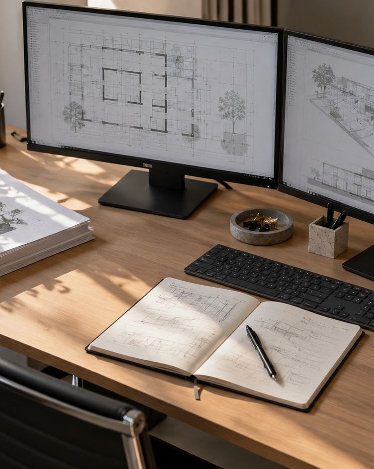 Mesa de escritório de arquitetura com dois monitores exibindo desenhos técnicos
