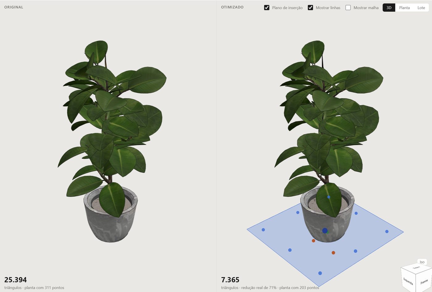 Tela do Otimizador de Objetos: o mesmo vaso de planta com 25.394 triângulos no original e 7.365 depois de otimizado, com o plano de inserção da planta