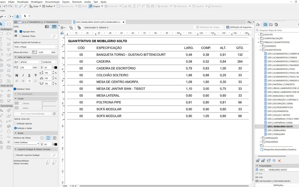 Tabela de quantitativos no Archicad