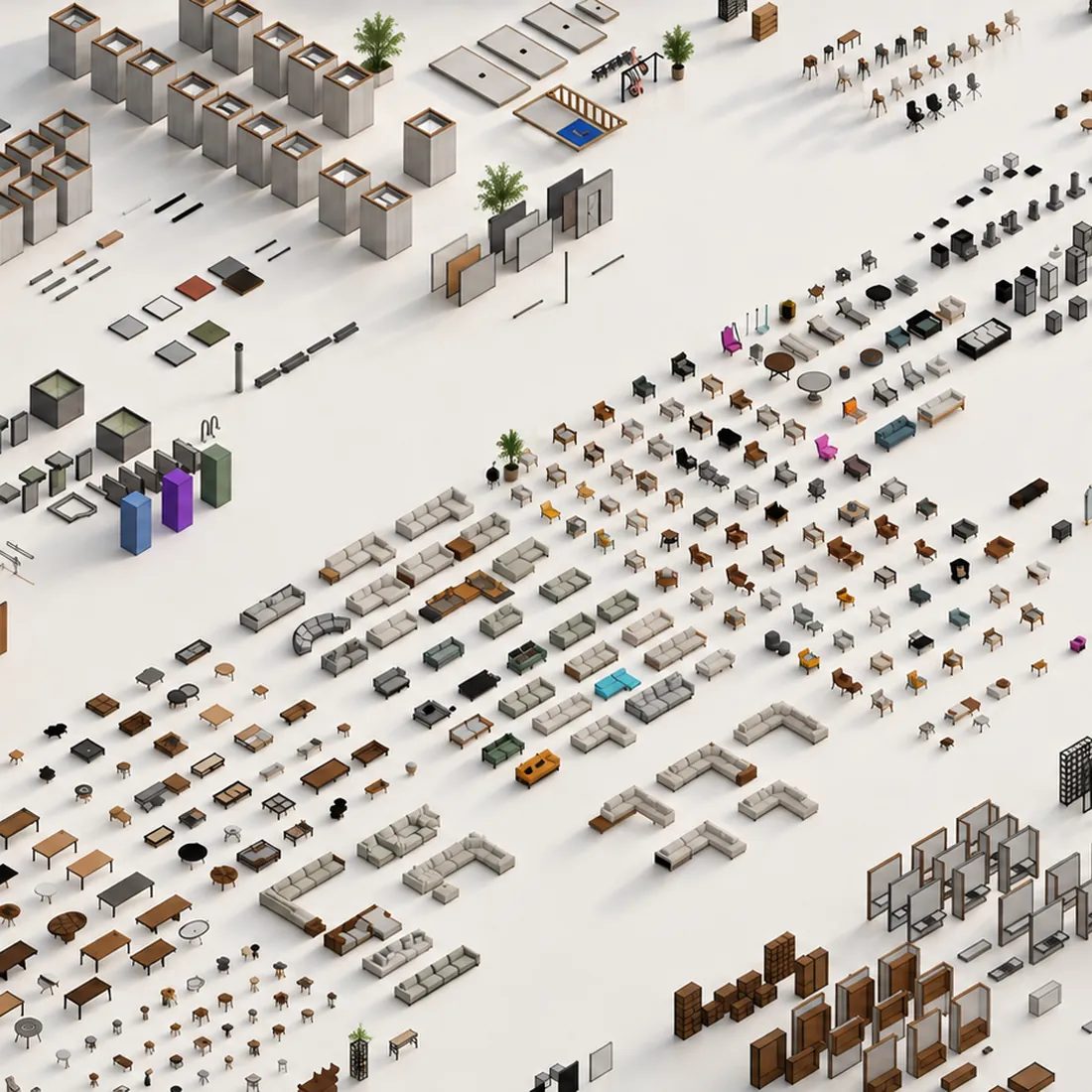 Vista isométrica da biblioteca de objetos de um template da Migra BIM